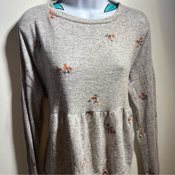 Gray Orange Floral Long Sleeve Peplum Top - Picture 1 of 3